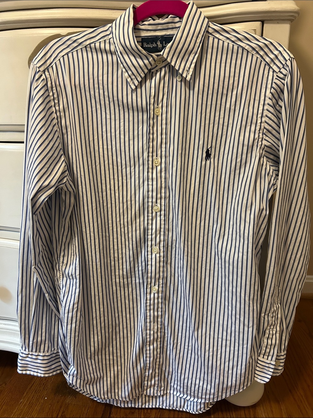 Ralph Lauren White Shirt with Navy Vertical Stripes